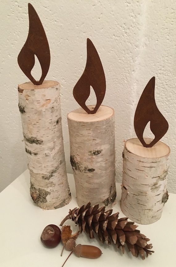 Holzkerze mit Rostflamme | 3er Set | Birkenholz, Herbstdeko, Flamme rost, Edelrost, Weihnachten Geschenk