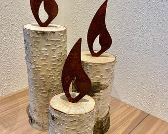 Holzkerze mit Rostflamme | 3er Set | Birkenholz, Herbstdeko, Flamme rost, Edelrost, Weihnachten Geschenk