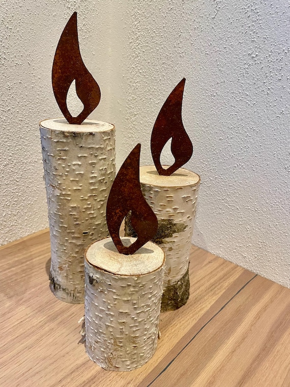 Holzkerze mit Rostflamme | 3er Set | Birkenholz, Herbstdeko, Flamme rost, Edelrost, Weihnachten Geschenk