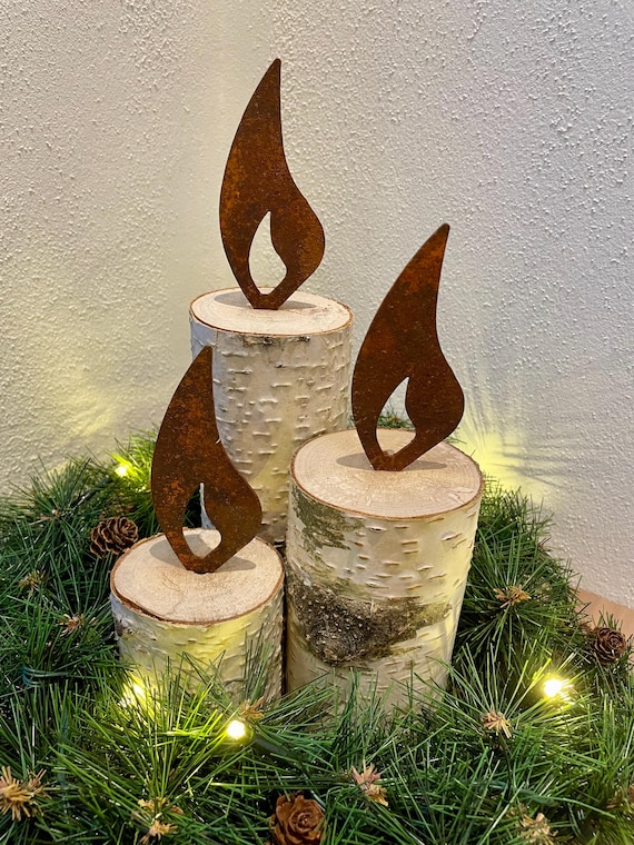 Holzkerze mit Rostflamme | 3er Set | Birkenholz, Herbstdeko, Flamme rost, Edelrost, Weihnachten Geschenk