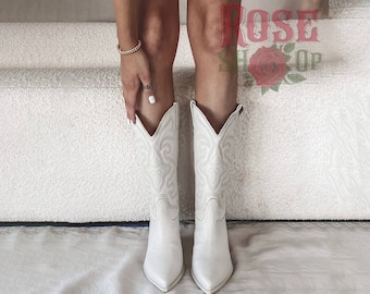 White Cowboy Boots White Cowgirl Boots Festival Boots Thigh High Boots Leather Boots Cowgirl Costume Bachelorette Party Nashville Disco