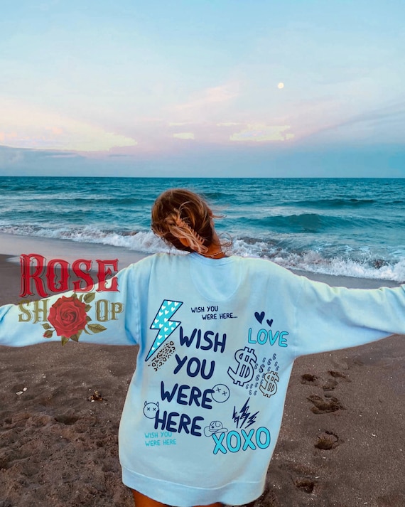 Preppy Sweatshirt Trendy Crewneck Wish You Were Here Sorority Sweatshirt  Oversized Sweater Aesthetic Clothing Aesthetic Clothes Positive Y2k 