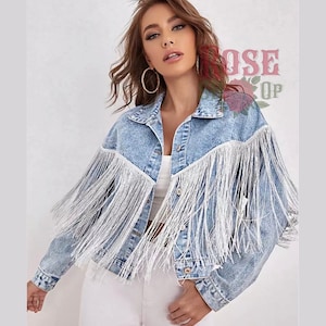 Blue jean jacket with fringe best sale