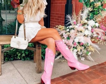 Pink Valentines Day Cowboy Boots Cowgirl Boots Nashville Bachelorette Leather Boots Knee High Boots Black Boots Cowboy Boots Nashville Boot