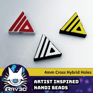 May include: Three 4mm cross hybrid hole kandi beads. One bead is white with black stripes, one is white with red stripes, and one is white with yellow stripes.