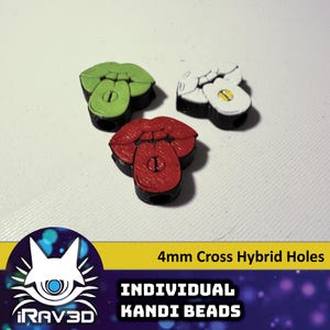 May include: Three 4mm cross hybrid hole kandi beads. One is green, one is red, and one is white.