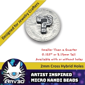 May include: A black and white question mark-shaped micro bead, 3.17mm tall, is displayed on a quarter. The image includes text that reads "Designed for Jewelry Crafters" and "Artist Inspired Micro Kandi Beads."