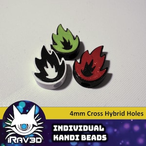 May include: Three 4mm cross hybrid hole kandi beads with a flame design. The beads are white with black and red flames. The beads are for making kandi bracelets.