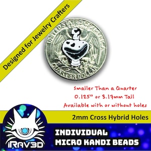 May include: A small, white and black potion bottle charm, designed for jewelry crafters, is shown next to a quarter for size comparison. The charm is 3.17mm tall and available with or without holes. The text "Individual Micro Kandi Beads" is also visible.