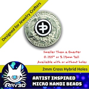 May include: A small, black and white micro kandi bead with a cross-like design, placed on a quarter for size comparison. The text reads "Smaller Than a Quarter" and "0.125" or 3.17mm Tall". The image also includes the text "Designed for Jewelry Crafters".