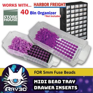 Może przedstawiać: Przezroczysta plastikowa taca wypełniona fioletowymi koralikami topliwymi z napisem "FOR 5mm Fuse Beads". Na zdjęciu widać również czarny organizer na pojemniki oraz napis "MIDI BEAD TRAY DRAWER INSERTS".