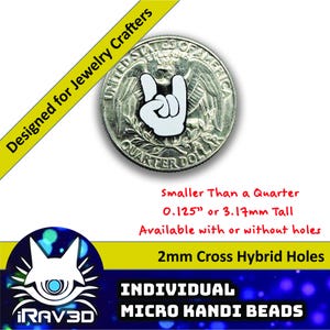 May include: A white hand gesture charm, designed for jewelry crafters, is shown next to a quarter. The charm is 0.125 inches (3.17mm) tall and available with or without holes. The text reads "INDIVIDUAL MICRO KANDI BEADS."