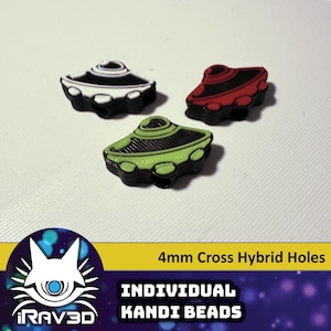 May include: Three 4mm cross hybrid hole kandi beads in the shape of UFOs. The beads are green, red, and white.