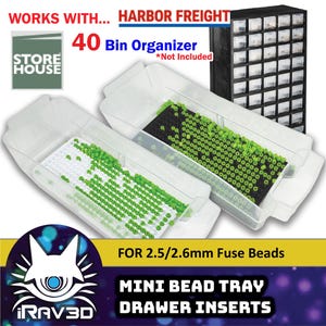 May include: A product image featuring clear plastic trays with green beads, designed for 2.5/2.6mm fuse beads. The trays are labeled "MINI BEAD TRAY DRAWER INSERTS" and are compatible with a 40-bin organizer. The image also includes the text "WORKS WITH... HARBOR FREIGHT".