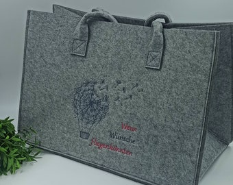 Filztasche hellgrau, "Wenn Wünsche fliegen könnten", super geeignet als Einkaufstasche/Tragetasche, personalisierbar, bestickbar