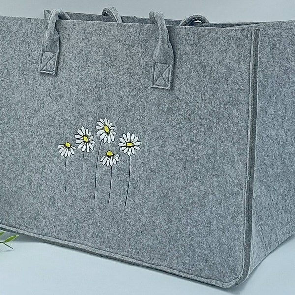 Sac en feutre gris clair, "Daisy", idéal comme cabas/sac de transport, personnalisable, brodé