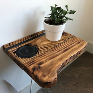 Epoxid-Harz schwimmende Regal LED gegossen Wireless mit Ladegerät, feine Kante hängenRegal, rustikale schwimmende Regal, Holz Nachtstand, Wand-Dekor