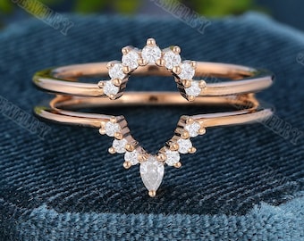 Double Curved Diamond/Moissanite wedding band vintage Pear shaped Rose Gold enhancer ring Unique Bridal Stacking Matching ring Promise gift