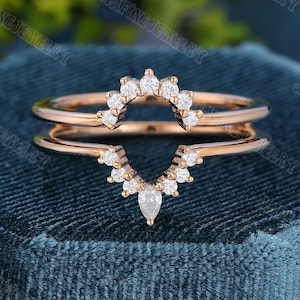 Double Curved Diamond/Moissanite wedding band vintage Pear shaped Rose Gold enhancer ring Unique Bridal Stacking Matching ring Promise gift