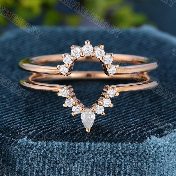 Double Curved Diamond/Moissanite wedding band vintage Pear shaped Rose Gold enhancer ring Unique Bridal Stacking Matching ring Promise gift