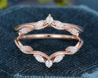 Double curved wedding Band rose gold marquise diamond enhancer ring vintage stacking matching Bridal wedding Promise ring Anniversary gift