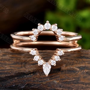 Double Curved Wedding Band Vintage 10K/14K Rose Gold Enhancer Diamond Ring Unique Bridal Stacking Matching Moissanite Ring Promise Gift
