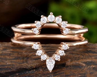 Double Curved Wedding Band Vintage 10K/14K Rose Gold Enhancer Diamond Ring Unique Bridal Stacking Matching Moissanite Ring Promise Gift