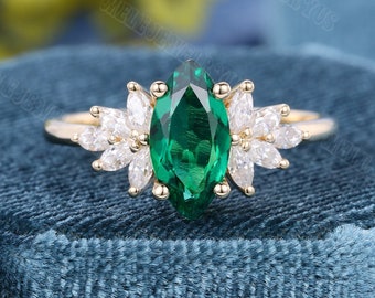 5*10mm Marquise cut Lab Emerald engagement ring Cluster Yellow gold Engagement ring Vintage diamond wedding Anniversary Promise gift