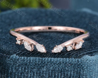 Unique rose Gold wedding band marquise cut wedding band Moissanite diamond Wedding ring Vintage matching Anniversary promise Day Gift