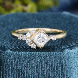 Yellow gold Engagement Ring Unique vintage Princess cut Moissanite Engagement Ring cluster diamond wedding Anniversary promise Gift for her