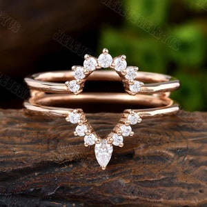 Double Curved Diamond/Moissanite wedding band vintage Pear shaped Rose Gold enhancer ring Unique Bridal Stacking Matching ring Promise gift
