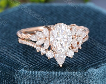 Oval moissanite engagement ring set Vintage marquise cluster engagement ring Rose gold Unique Rose gold Swist band art deco ring Bridal set