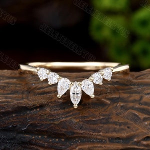 14K Curved Moissanite wedding band vintage marquise Yellow Gold wedding band Unique Diamond Bridal Stacking Matching ring Promise women gift