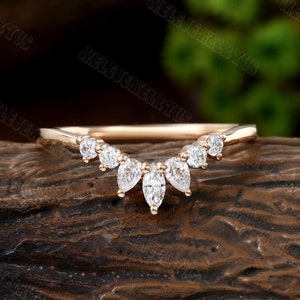 14K Curved Moissanite wedding band vintage marquise Rose Gold wedding band Unique Diamond Bridal Stacking Matching ring Promise gift for her