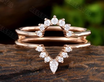 Pave Moissanite Double Curved Wedding Band Dainty 14K Rose Gold Diamond Enhancer Chevron Ring Unique Bridal Stack Matching ring Promise Gift
