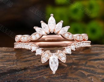 Pave moissanite double curved wedding band Vintage 10K/14k rose gold  marquise diamond enhancer stacking matching ring set Anniversary gifts