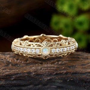 Vintage Opal wedding band Full eternity moissanite wedding band women Yellow gold diamond Stacking Matching Bridal ring antique Promise gift