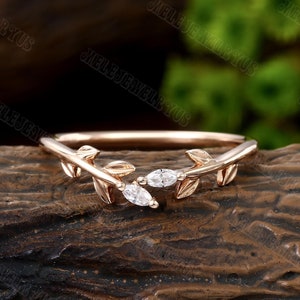 Unique Rose Gold wedding band matching wedding band Art deco marquise diamond Wedding ring Vintage leaf Anniversary promise Day Gift for her