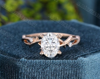 Unique Oval cut Moissanite Engagement Ring Vintage Twig Rose gold Engagement Ring Art deco diamond Wedding bridal Anniversary gift for women