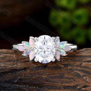 Oval cut Moissanite Engagement Ring women Vintage cluster White gold Engagement Ring marquise Opal wedding bridal Anniversary Gift