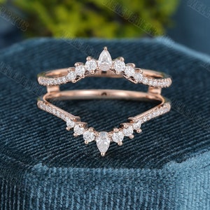 Double curved wedding Band rose gold enhancer ring vintage marquise diamond stacking matching Bridal wedding Promise ring Anniversary gift