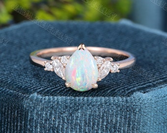 Unique Pear shaped Opal Engagement Ring Vintage Rose gold Moissanite Engagement Ring women Marquise diamond Wedding Anniversary promise Gift