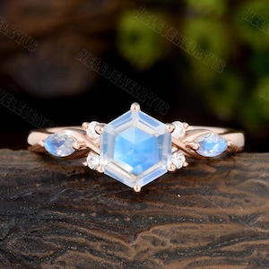 6mm regular Hexagon cut Moonstone Engagement Ring Unique Rose gold Engagement Ring Marquise diamond ring Anniversary promise women gift
