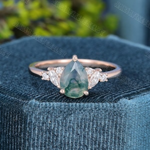 Unique Pear shaped Moss Agate Engagement Ring Vintage Rose gold Engagement Ring Marquise diamond Wedding Anniversary promise Gift for women image 1