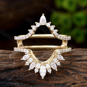 Vintage Double bands curved wedding Ring Yellow gold enhancer ring pear shaped ring Bridal wedding Promise ring Anniversary ring for women
