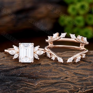 Unique emerald cut Moissanite engagement ring set Rose gold Vintage Engagement ring Cluster marquise diamond bridal Anniversary Promise gift