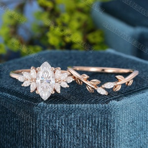 Unique Marquise cut Moissanite engagement ring set Cluster Rose gold Engagement ring Vintage diamond wedding bridal Anniversary Promise gift