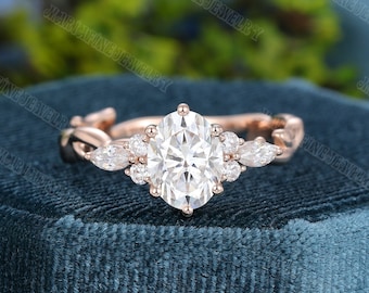 Unique Oval cut Moissanite Engagement Ring women Vintage art deco Rose gold Engagement Ring marquise diamond wedding bridal Anniversary Gift