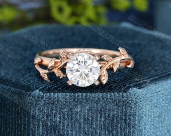 Vintage Moissanite Engagement Ring Rose gold Solitaire Engagement ring unique art deco leaf Wedding bridal Anniversary promise Gift for her