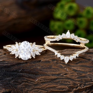 Oval cut moissanite double Engagement Ring set Yellow gold Marquise Engagement Ring Vintage Unique Cluster ring curved diamond promise gift
